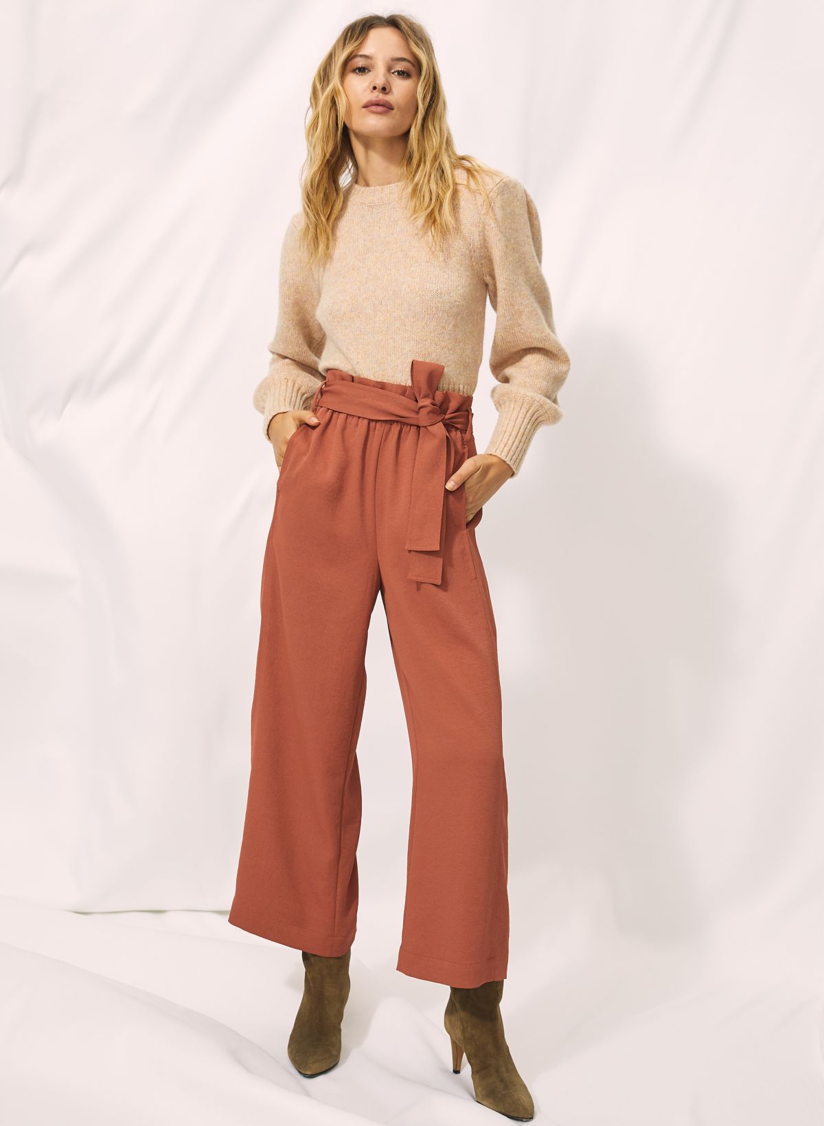 High-Waisted Belted Paper Bag Pants for Women Business Casual