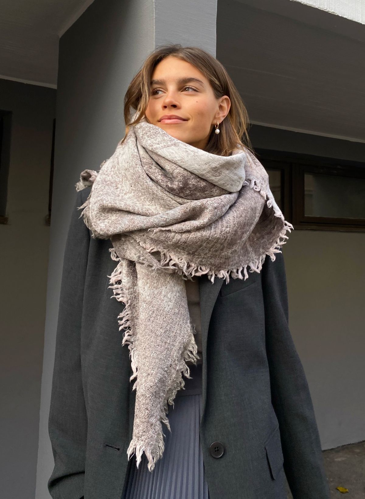 Classic Comfort Embroidered Cashmere Feel Grey Scarf