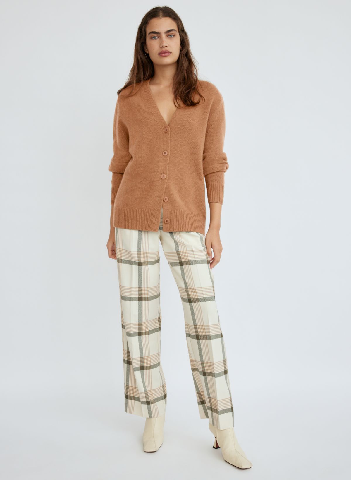 Check Wool Cashmere Cardigan in Birch brown - Women