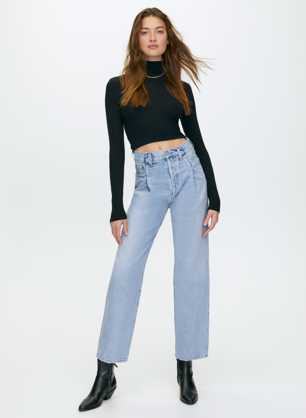 High Waist Fold Pleat Mom Jeans