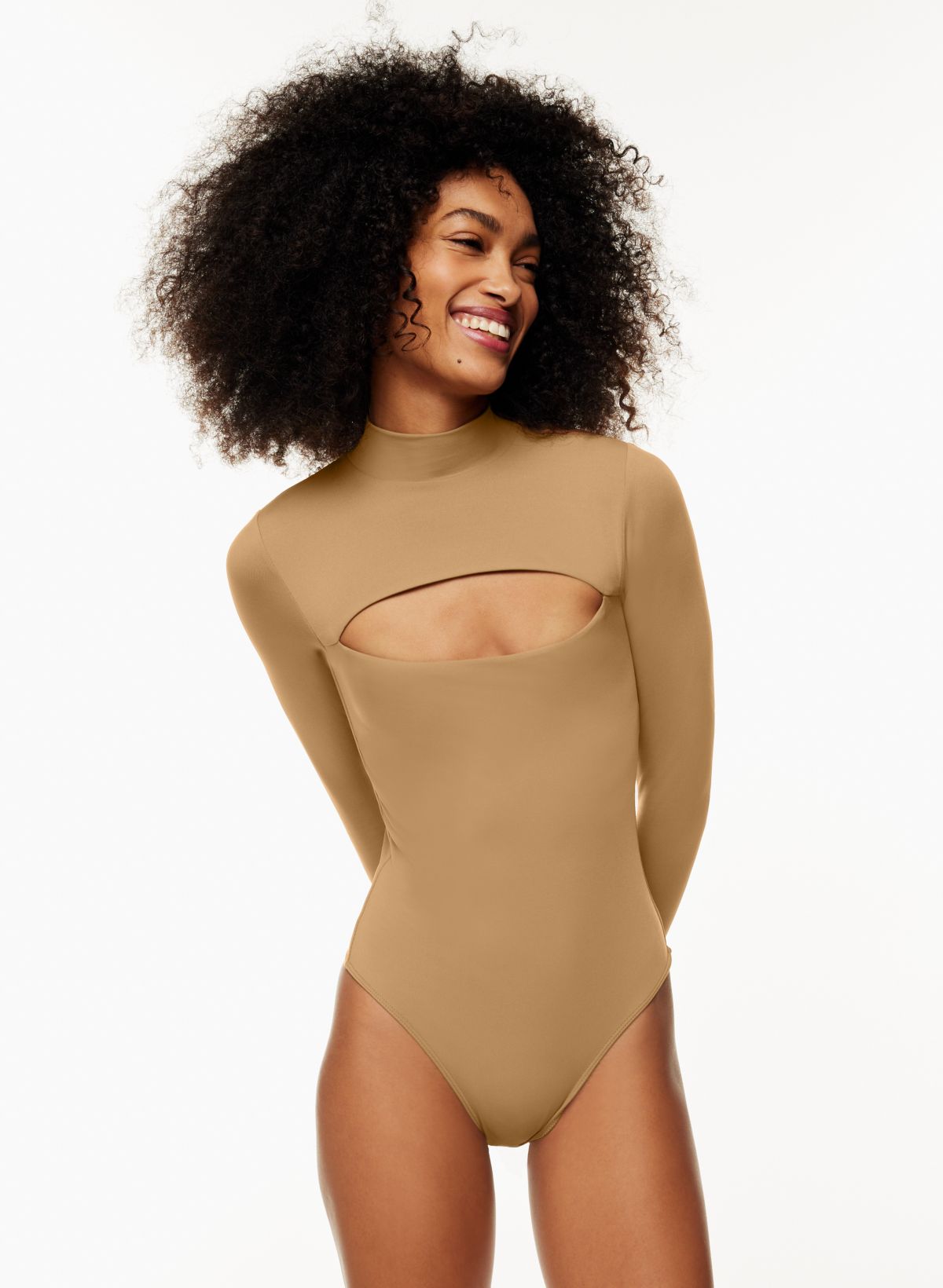 Long Sleeve Body Suits for Womens Mock Turtle Neck Body Shaper Tops Slim  Fit Thong Bodysuit Jumpsuit (Color : Camel, Size : Small)