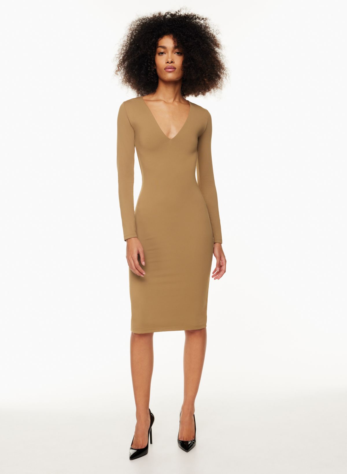 Stylish New Women V Neck Long Sleeves Solid Bodycon Clubwear Party Midi  Dress