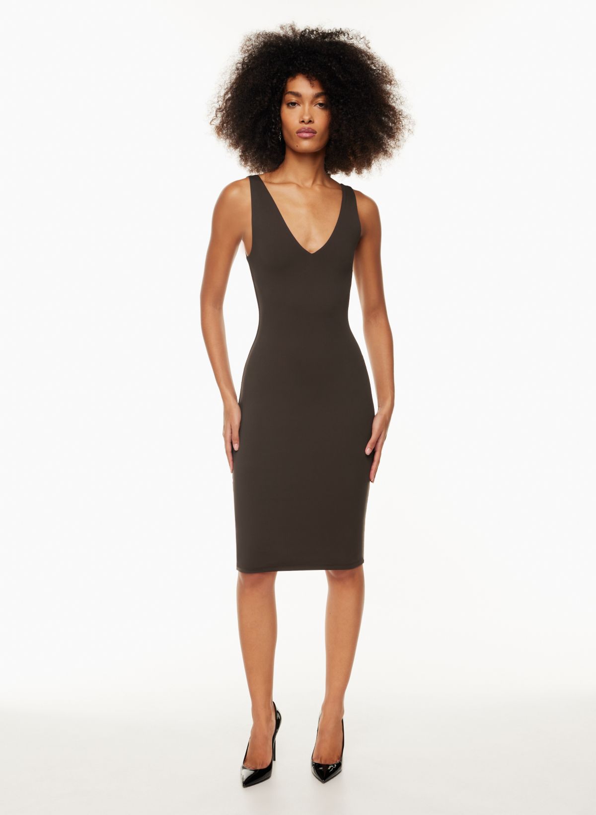 Waist-Defined V-Neck Midi Dress