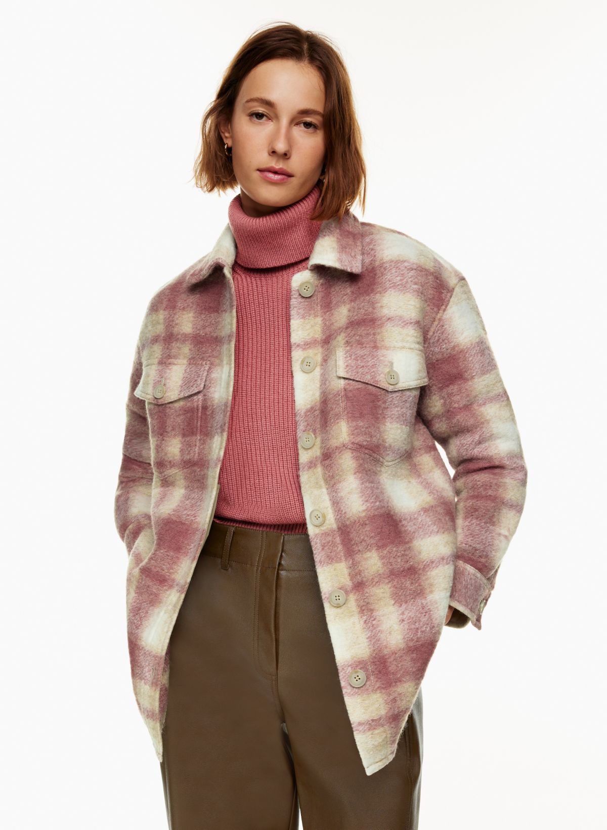 Colorful Plaid Coat, Merino Wool Coat, Long Blue & Pink Shacket