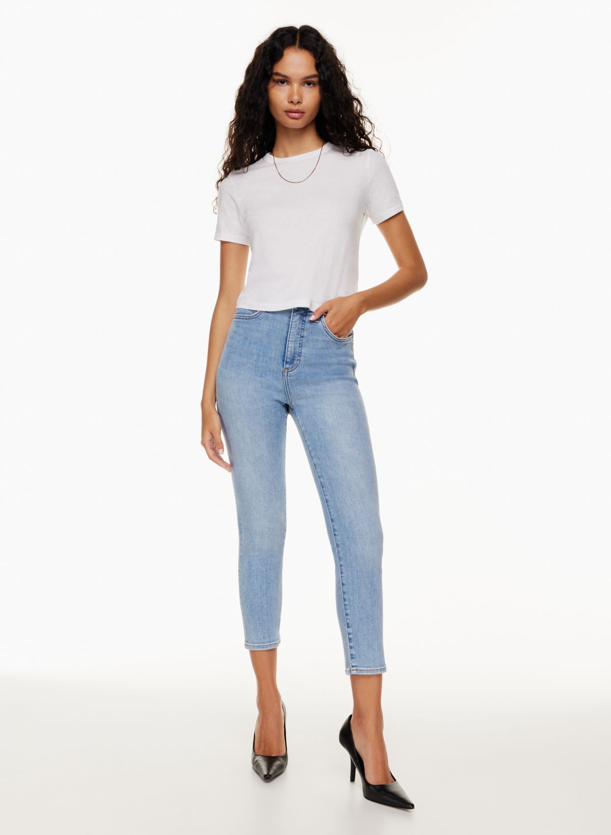 High Rise Ruched Hem Skinny Crop Jeans