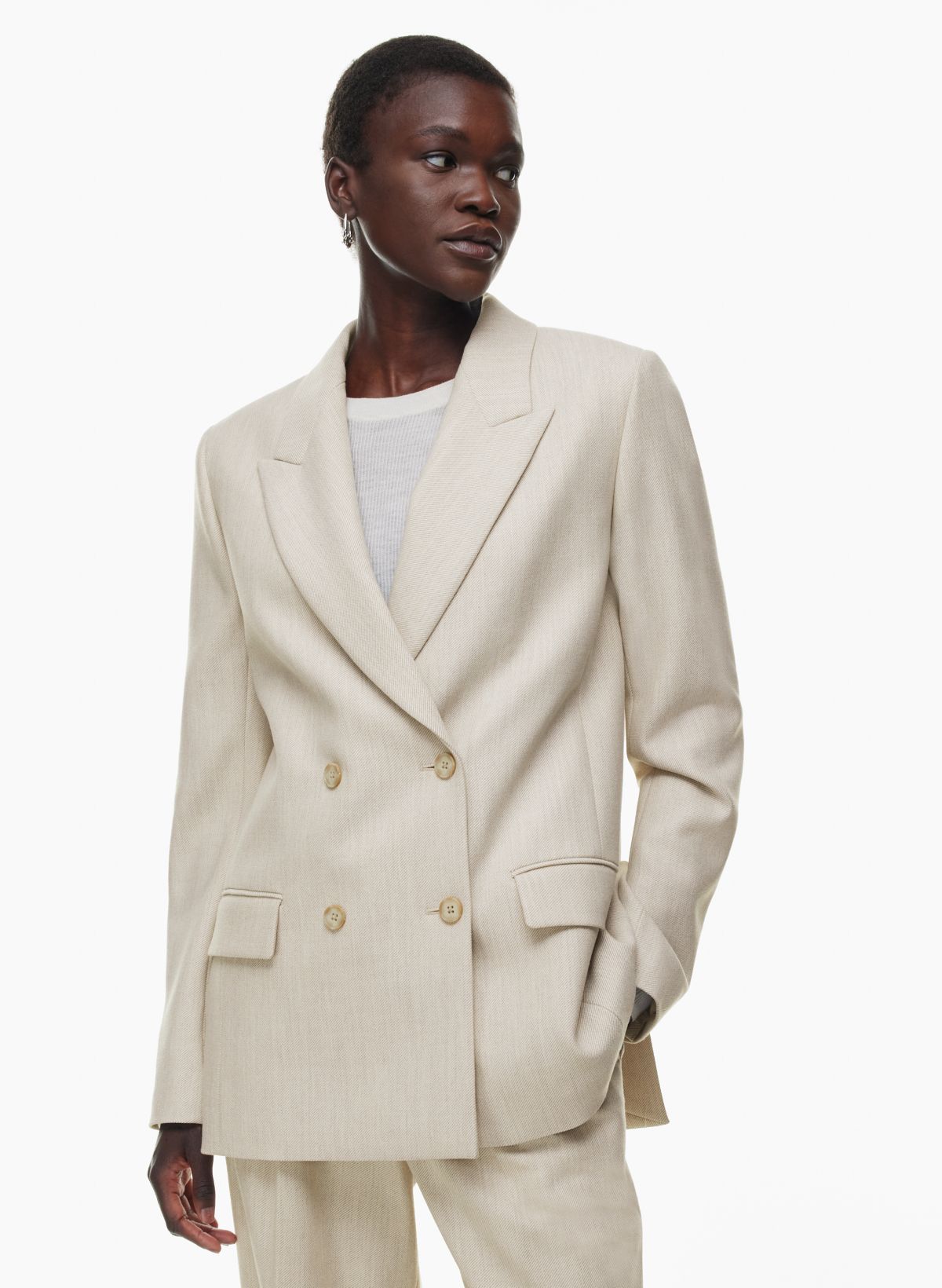 TAILORED Double Breasted Contour Blazer in Off White. Also offered