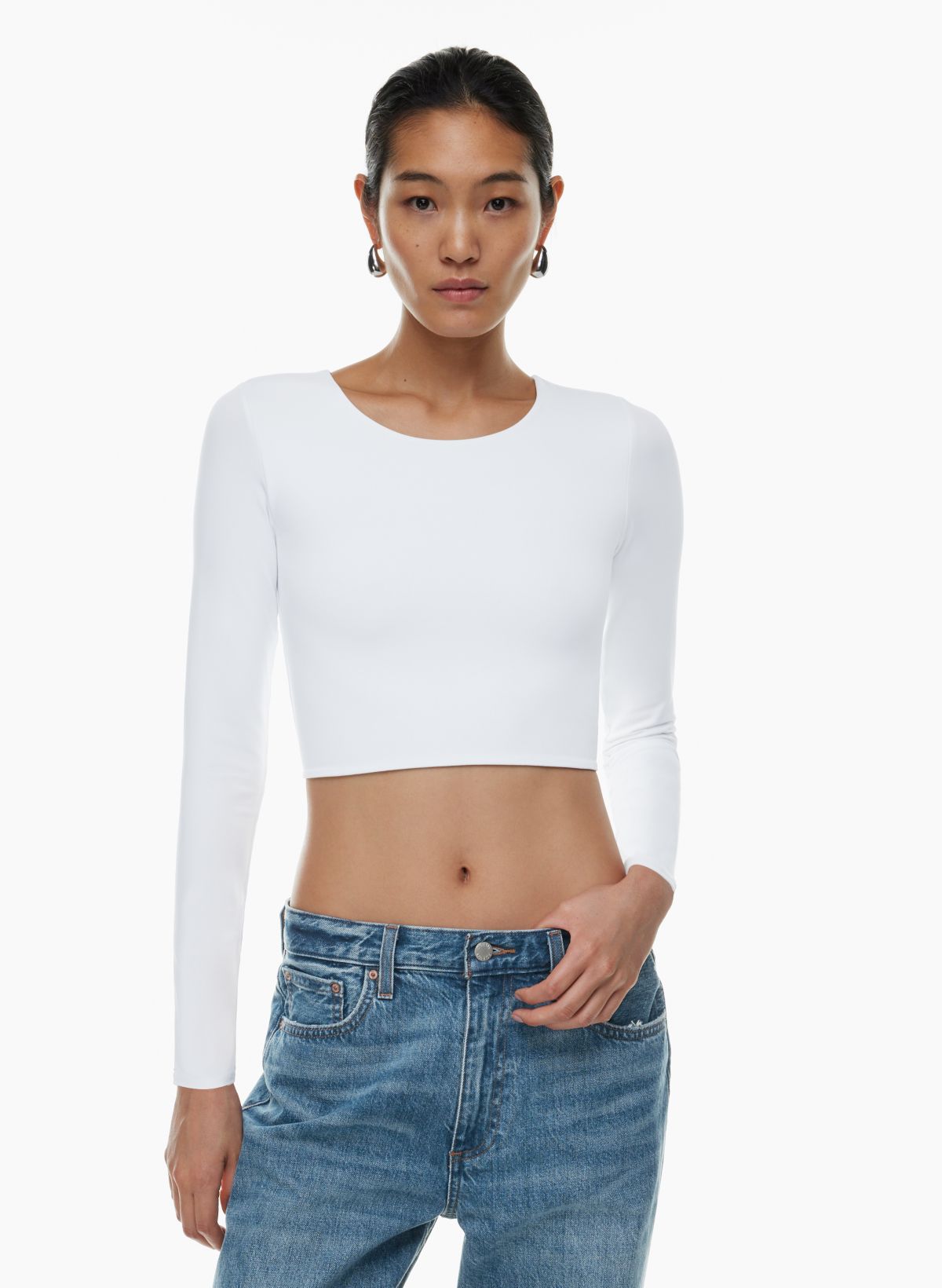 Round Neck Ribbed Long Sleeve Crop Top Grey