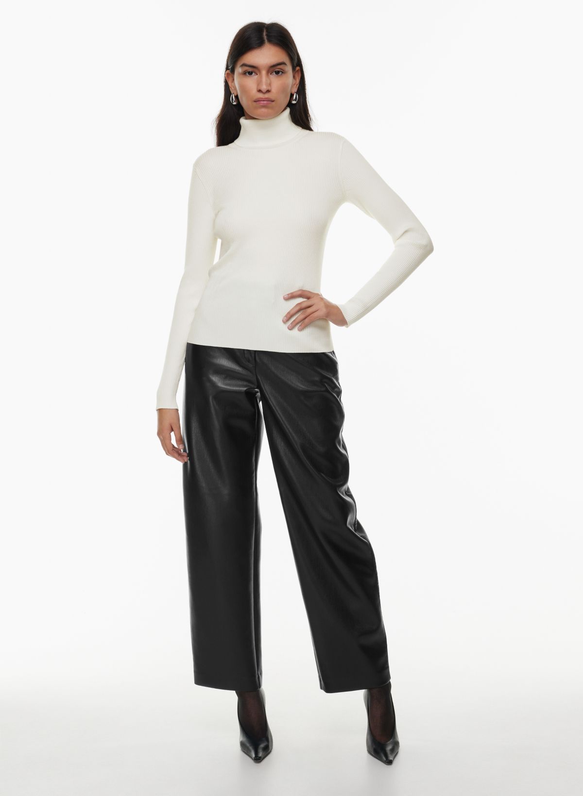 Women's Black Turtleneck, Black Wide Leg Pants, Black Leather Pumps, Black  Leather Waist Belt