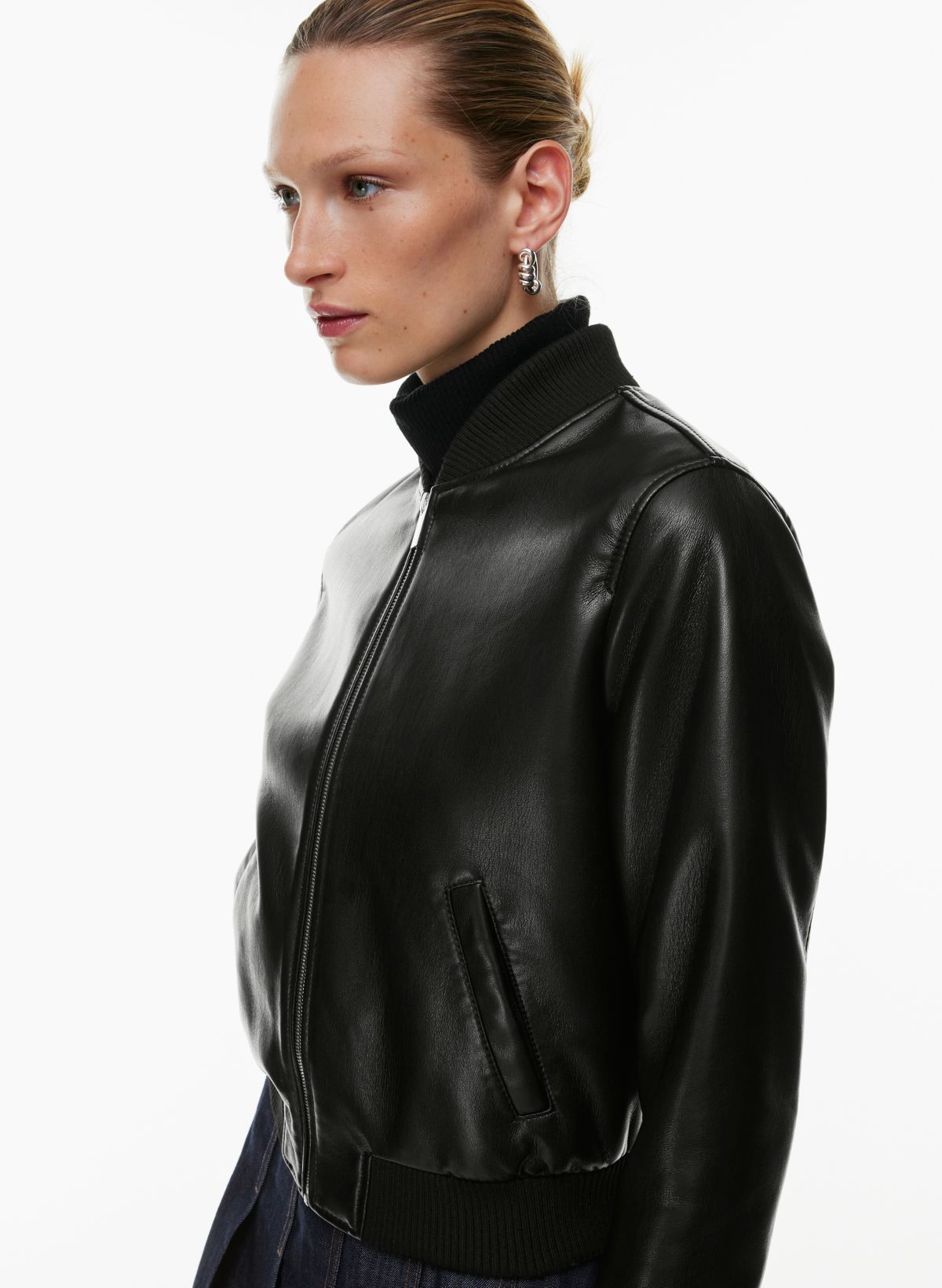 Women's Black Print Bomber Jacket, White Turtleneck, Black Leather