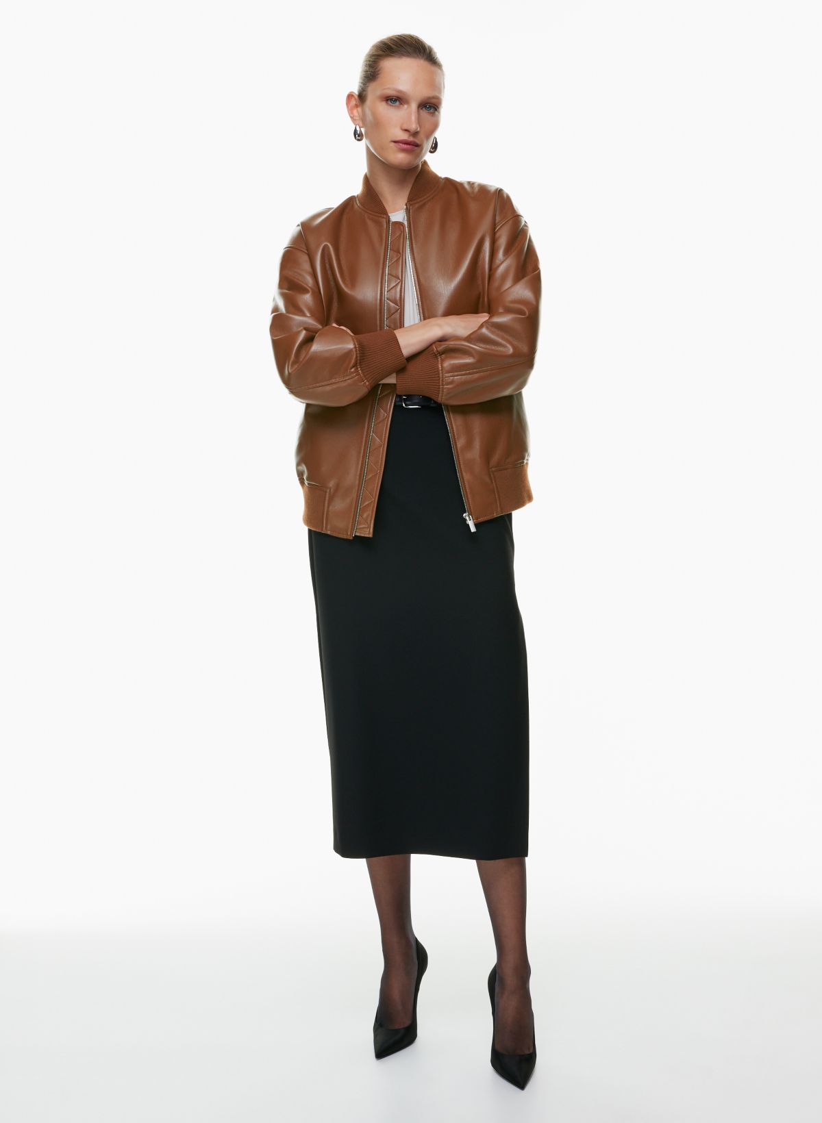 Brown Vegan Leather Bomber Jacket