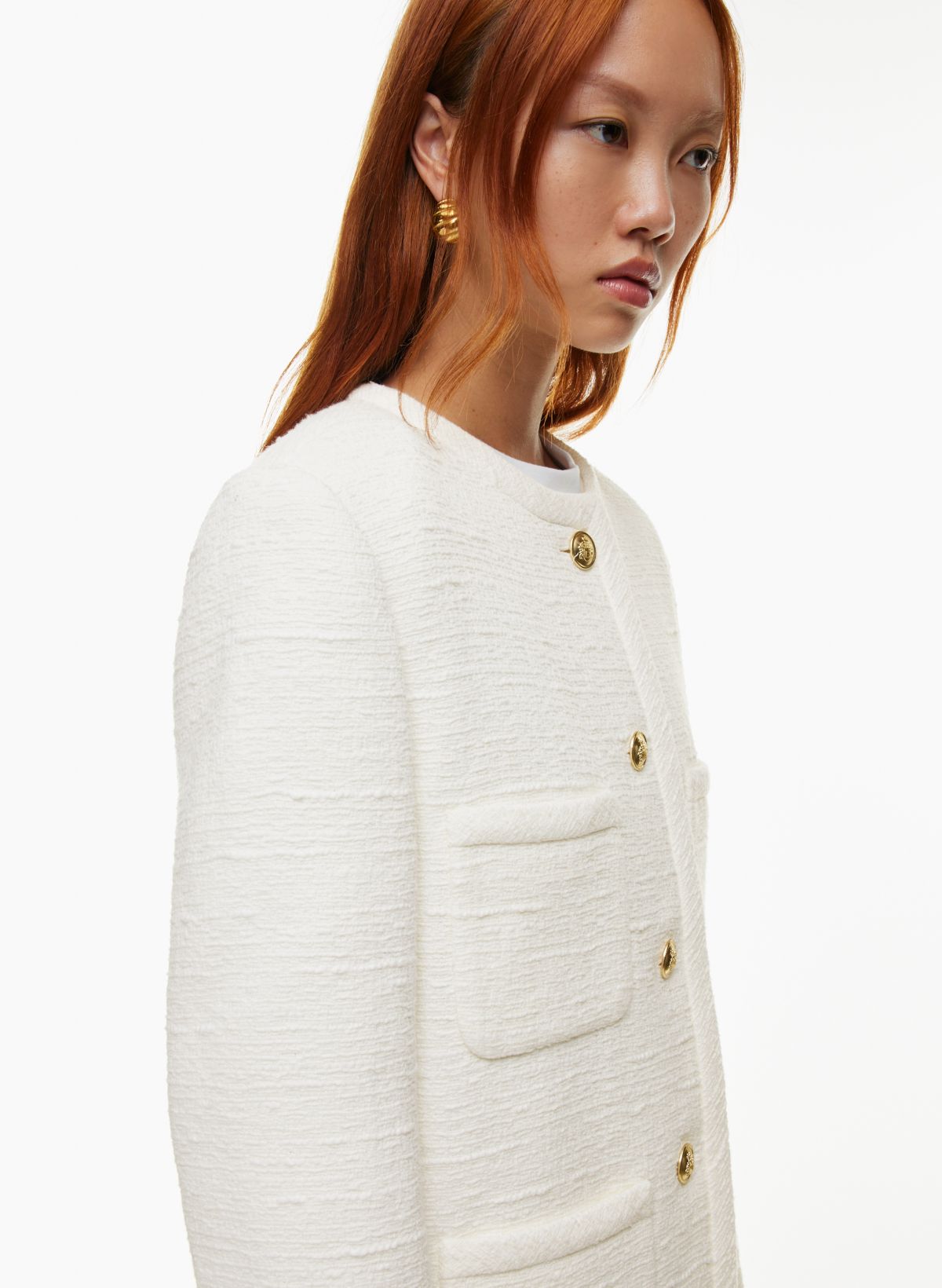 White Tweed Blazer with Gold Buttons | SilkFred US