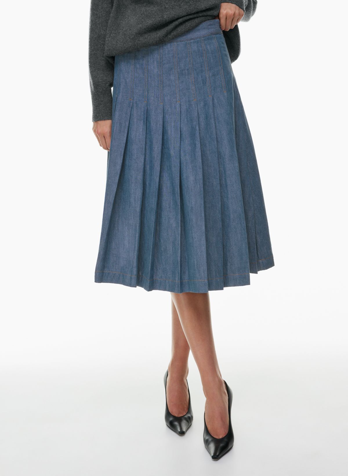 Pleated denim midi outlet skirt