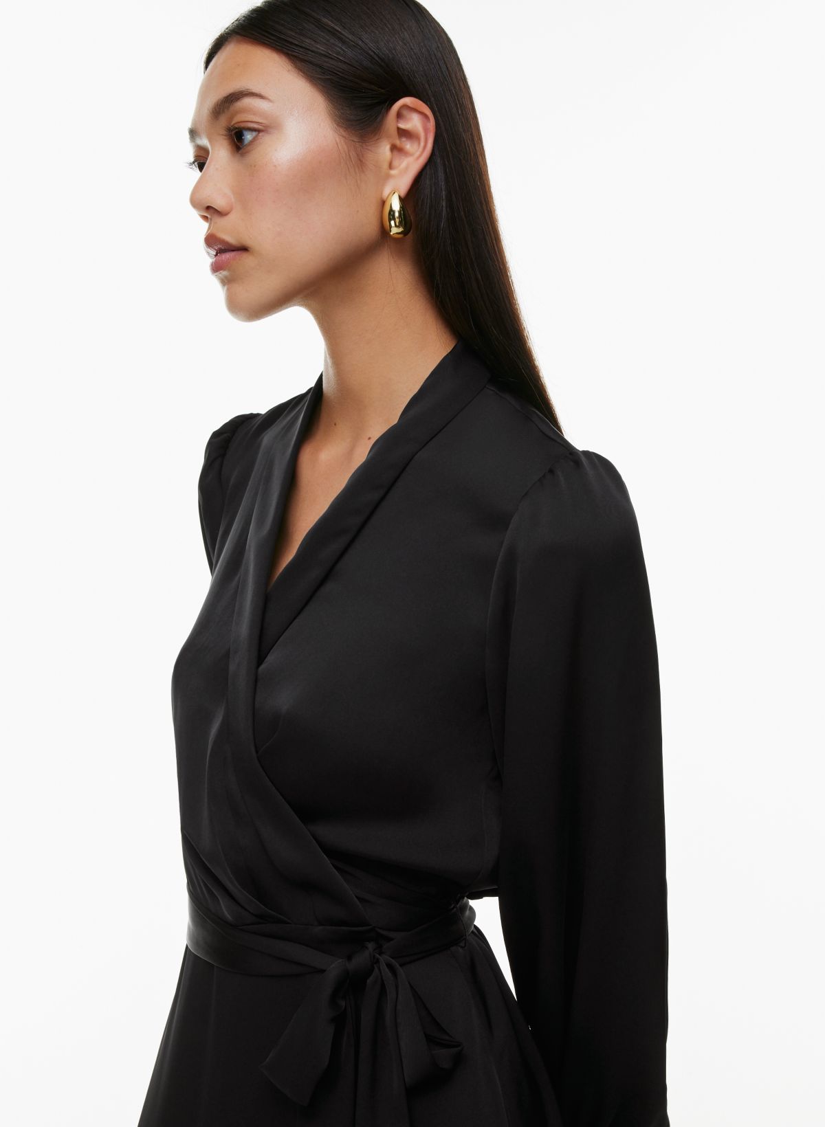 Fabulous Encounters Black Satin Long Sleeve Midi Dress