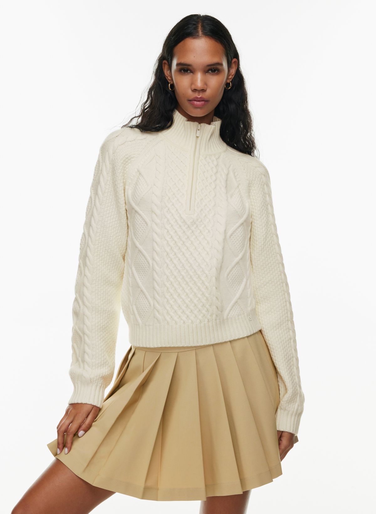 ZARA Sweater Dress Women’s Ivory Short Sleeves Quarter Zip Ribbed Knit Size  L 