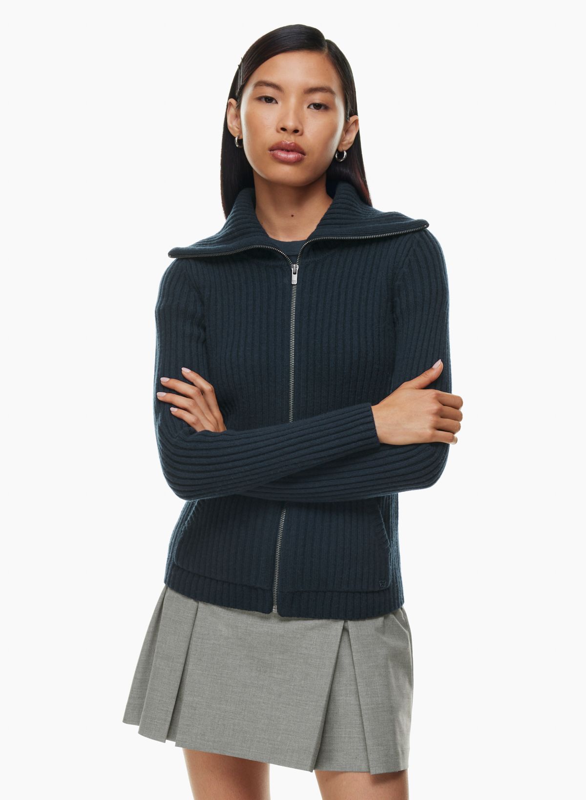 Funnel Neck Knitted Rib Zip Through Cardigan