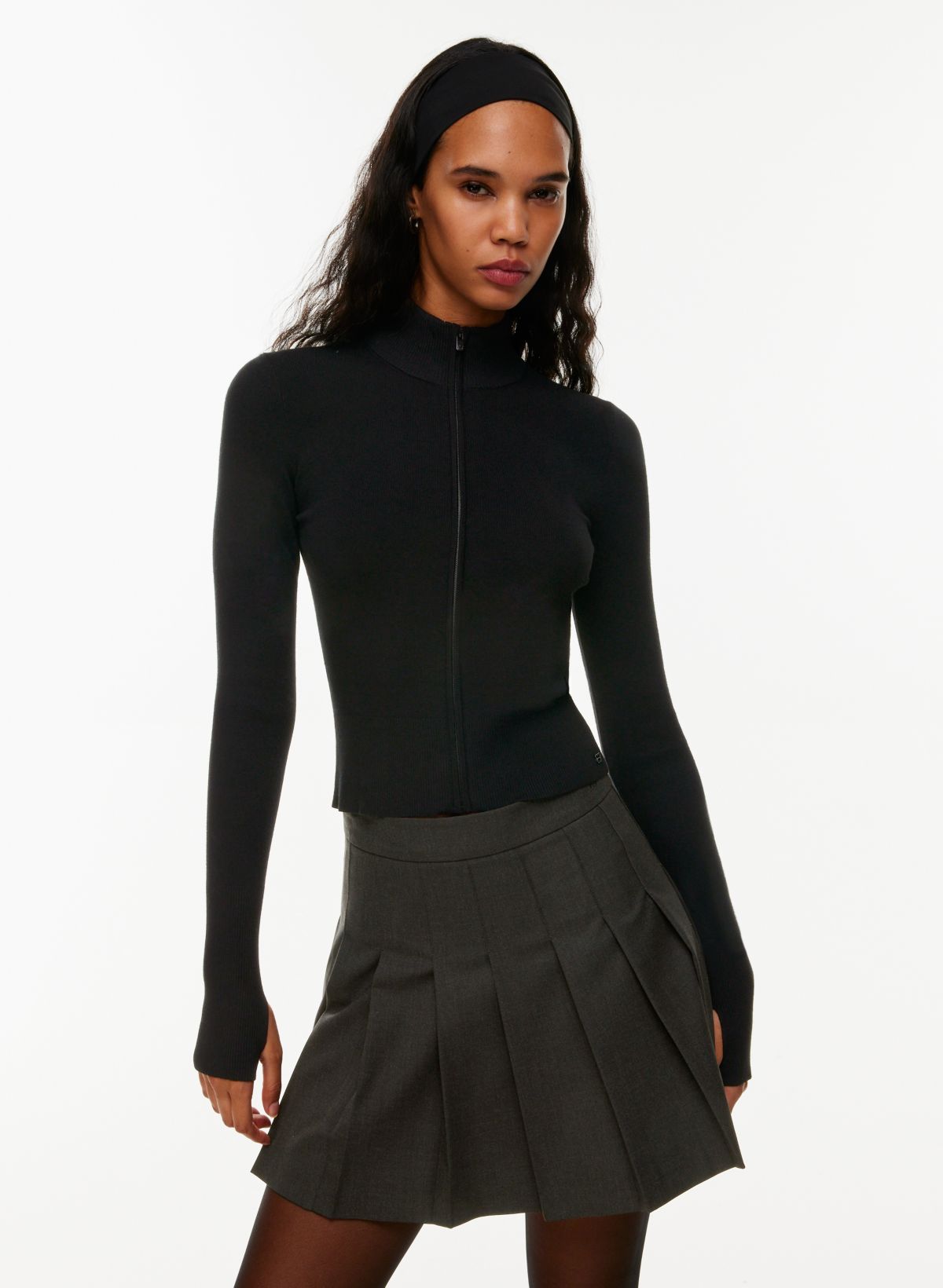 Black Snatched Rib Double Zip Top, Tops