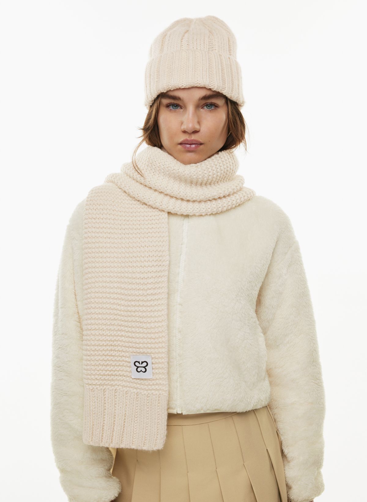 Chunky Knitted Scarf + Cream Snow Boots