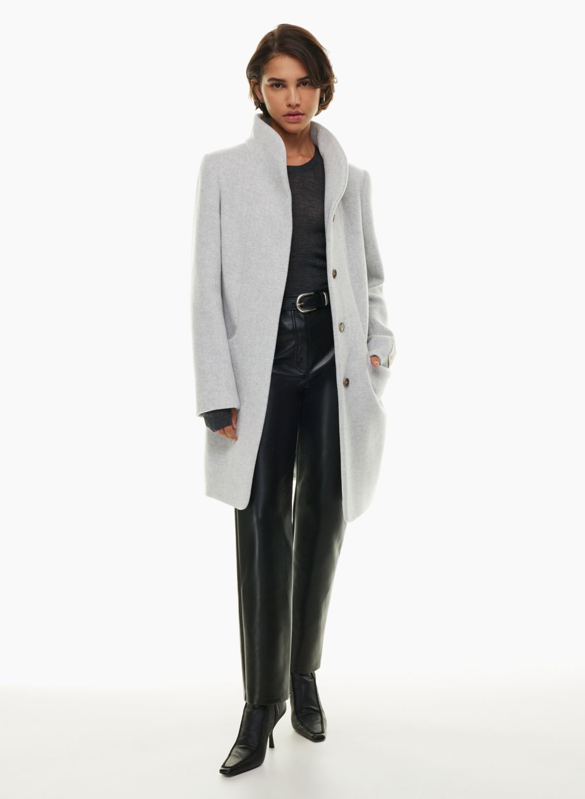 Leather Accent Ribbed Long Coat - Ready-to-Wear