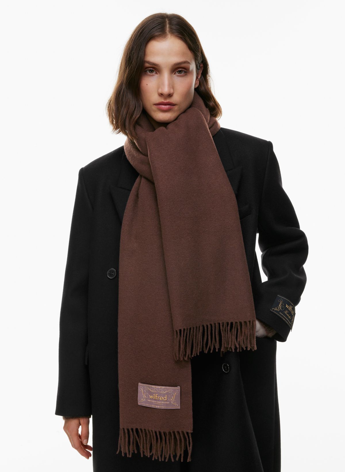 FRINGED SCARF IN MONOGRAM CASHMERE - BLACK / TOFFEE