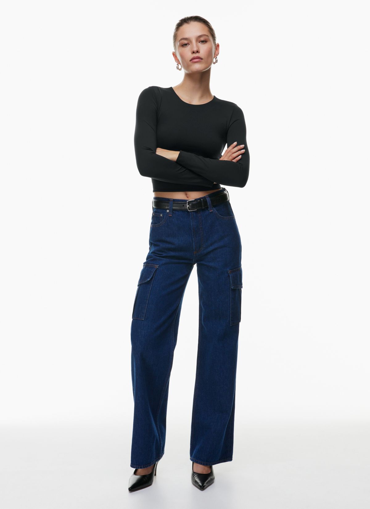 Faded denim cargo wide-leg jean, Icône, High Rise