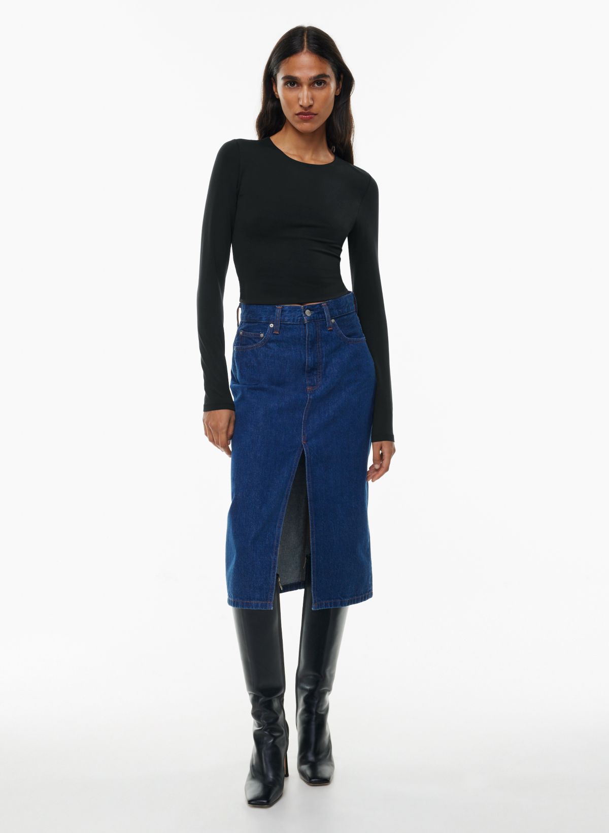 Haven' Long Stretch Denim Skirt in Dark Wash – The Main Street Exchange