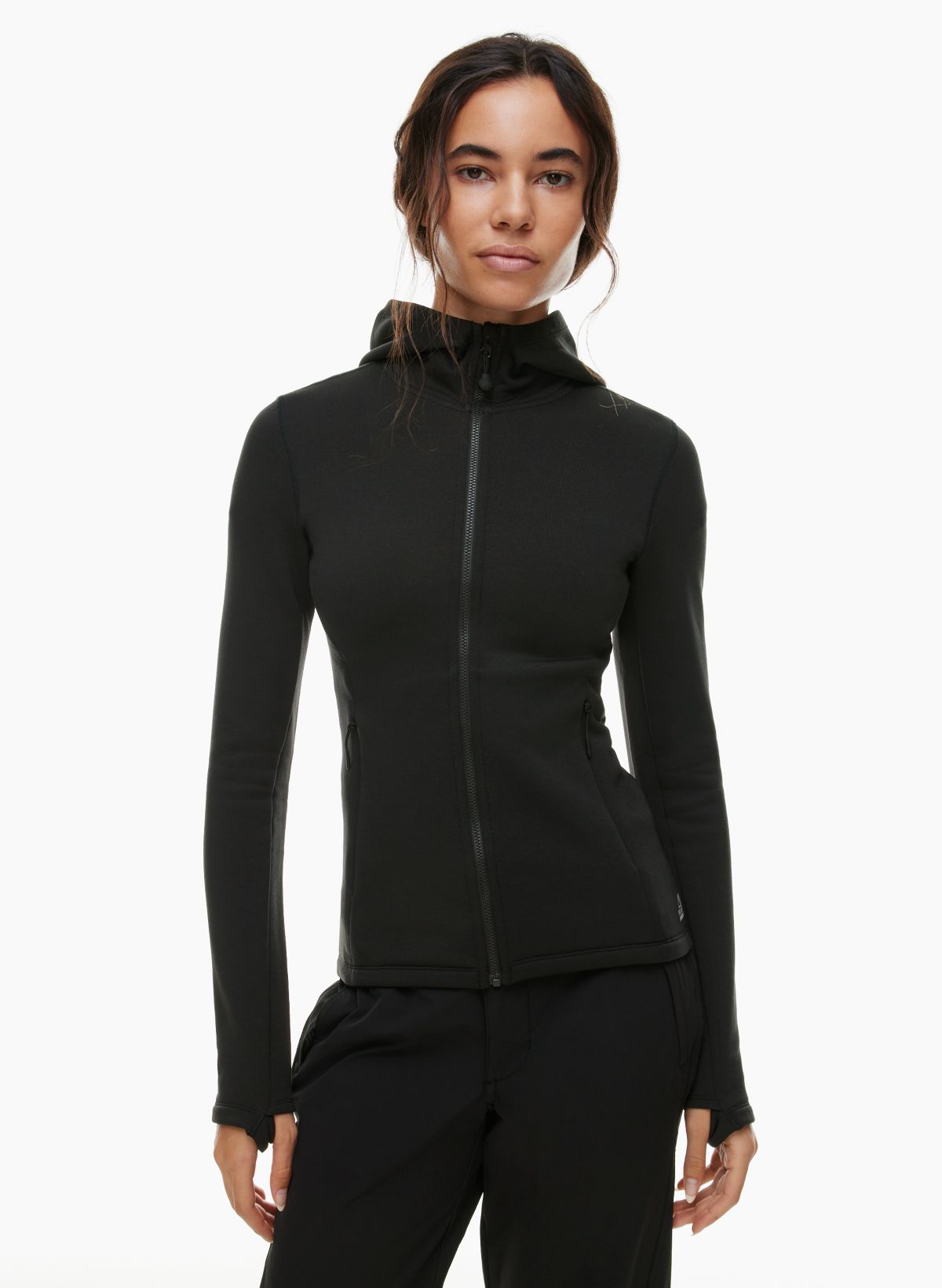 Hooded sweater with a big pleated neckline, thumb holes, black