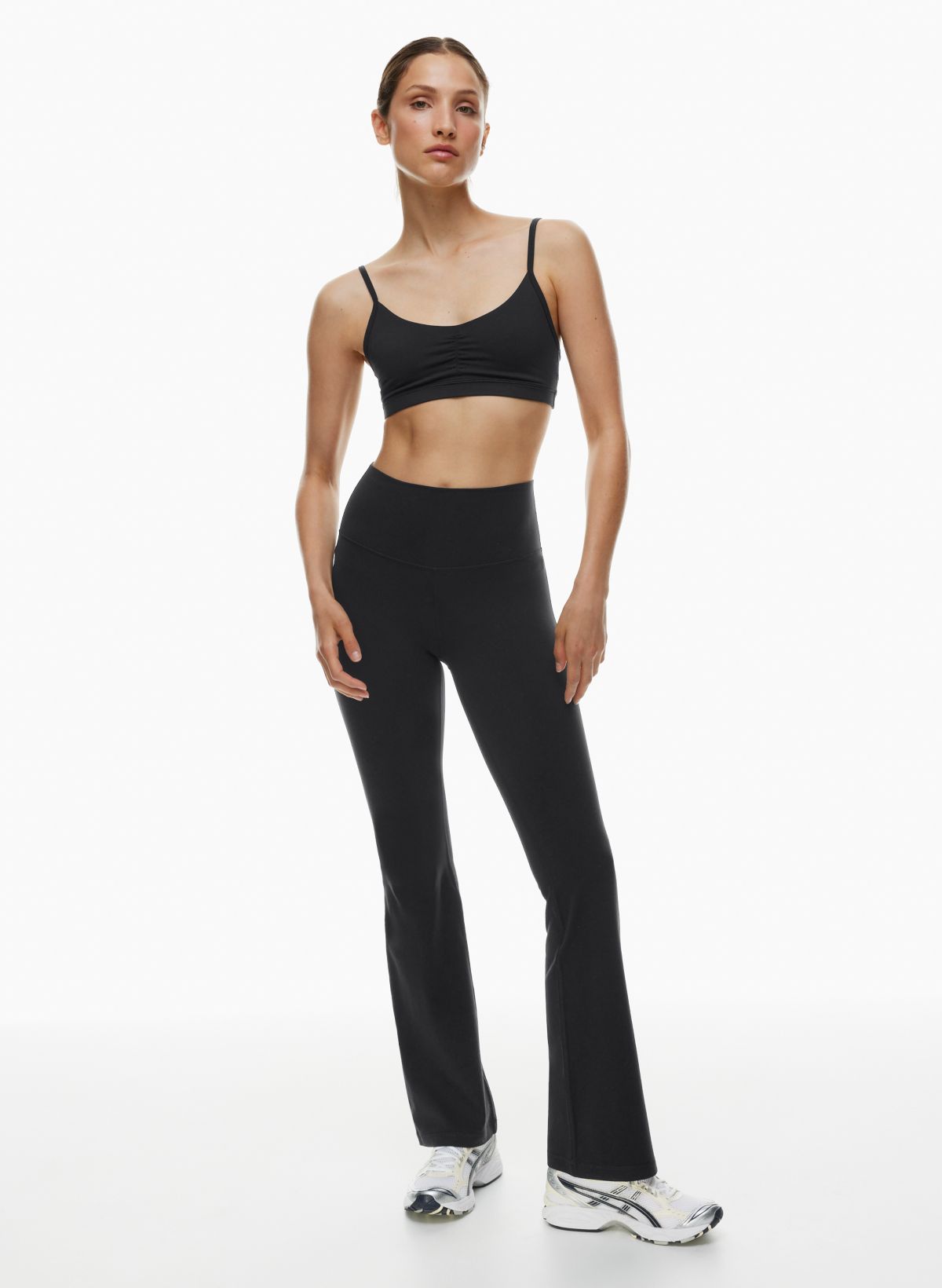 New Look Petite ribbed flared leggings in black