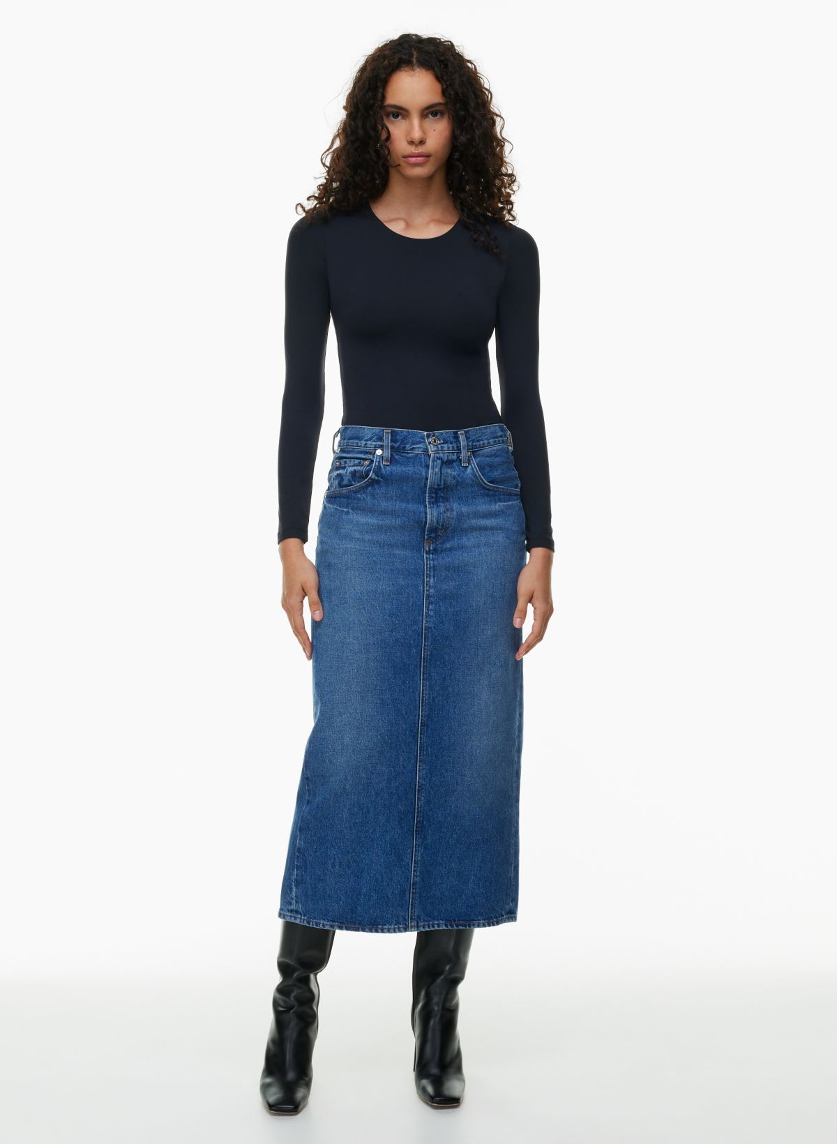 Sophia Dark Wash Waist Detail Denim Skirt Classy Closet Online