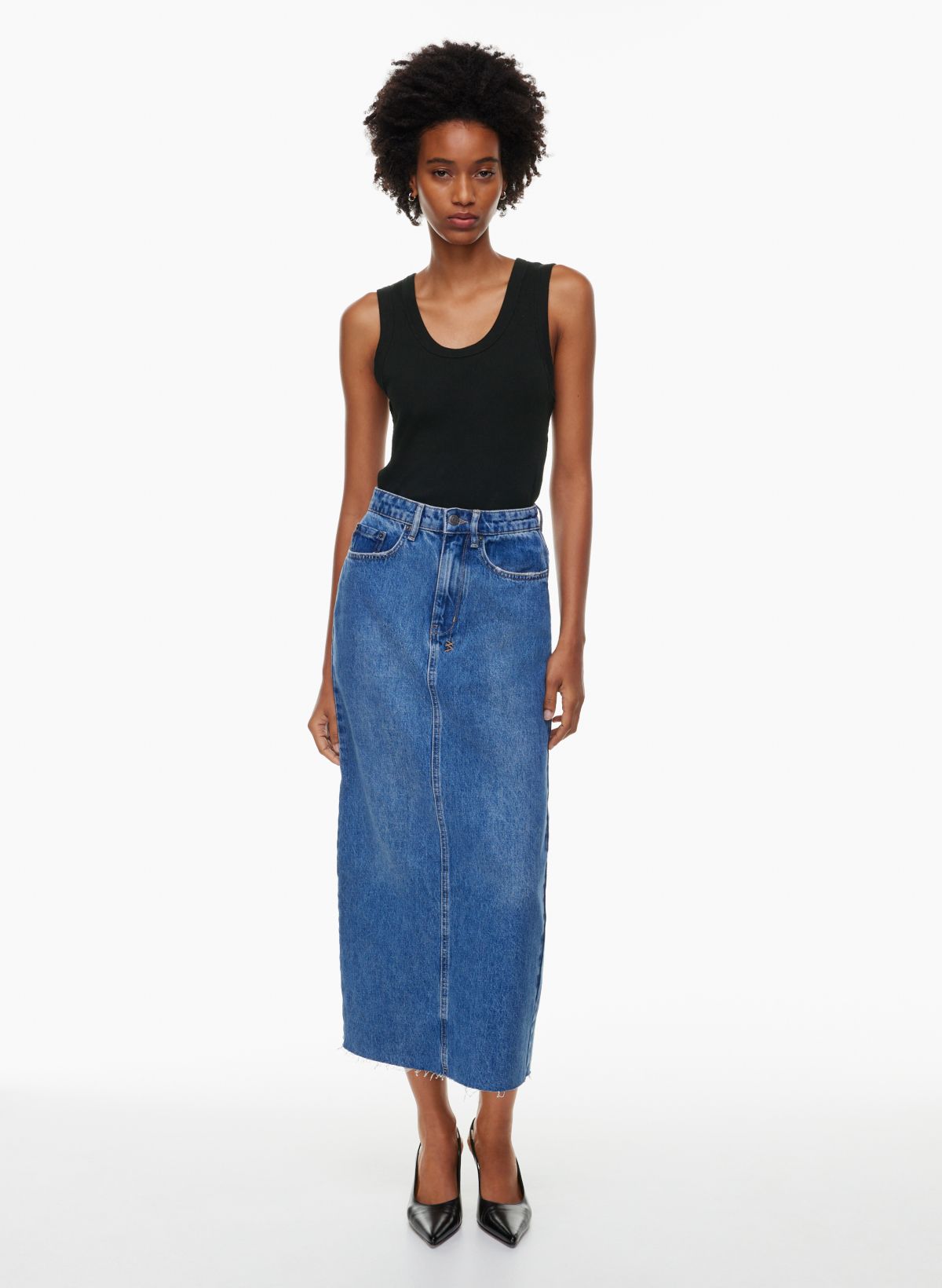 Exceptionally Cool Light Wash High-Rise Denim Midi Skirt