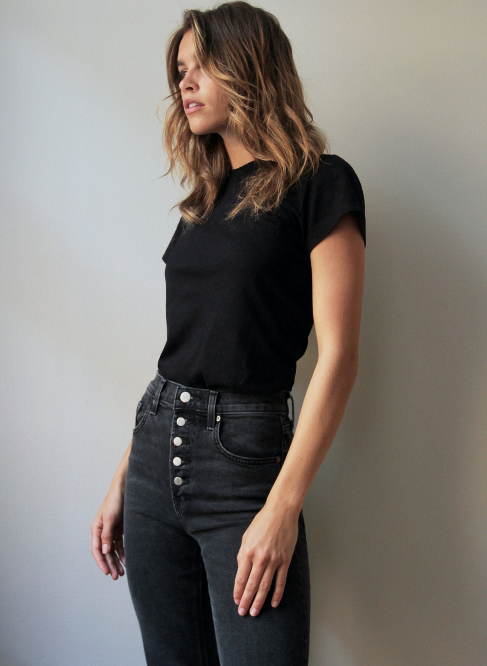 Buy > black high waisted button jeans > in stock