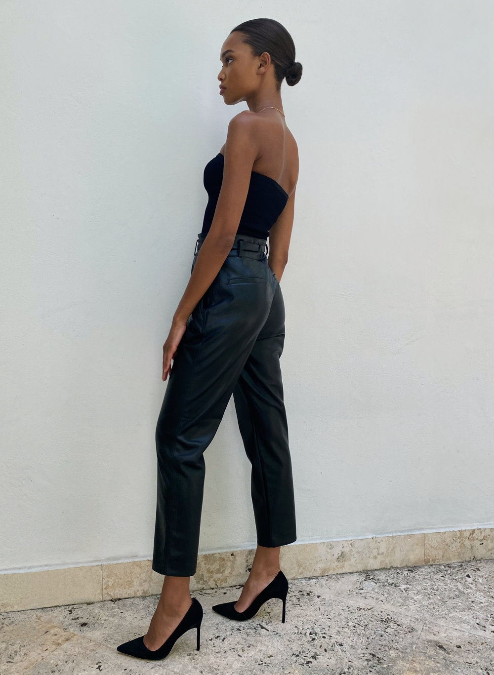 black leather belted trousers