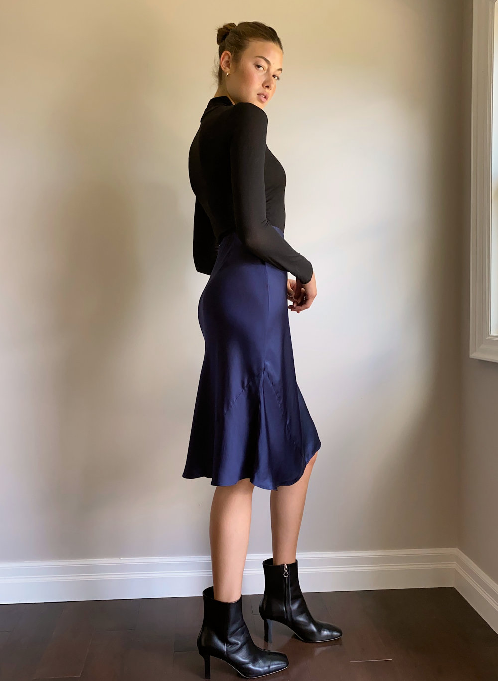 navy silk slip skirt