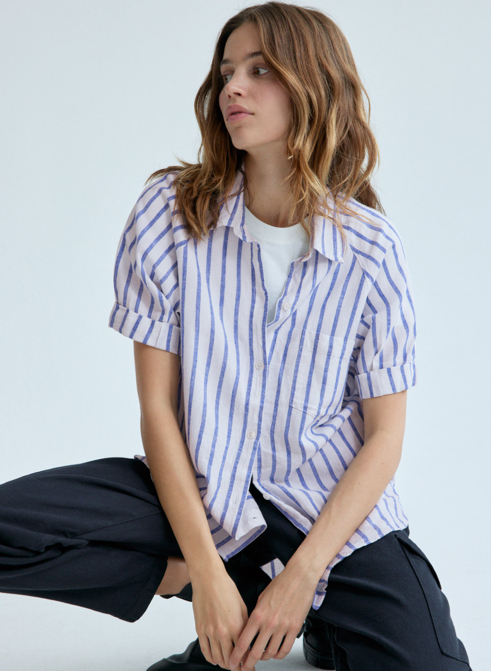 blue button up shirt