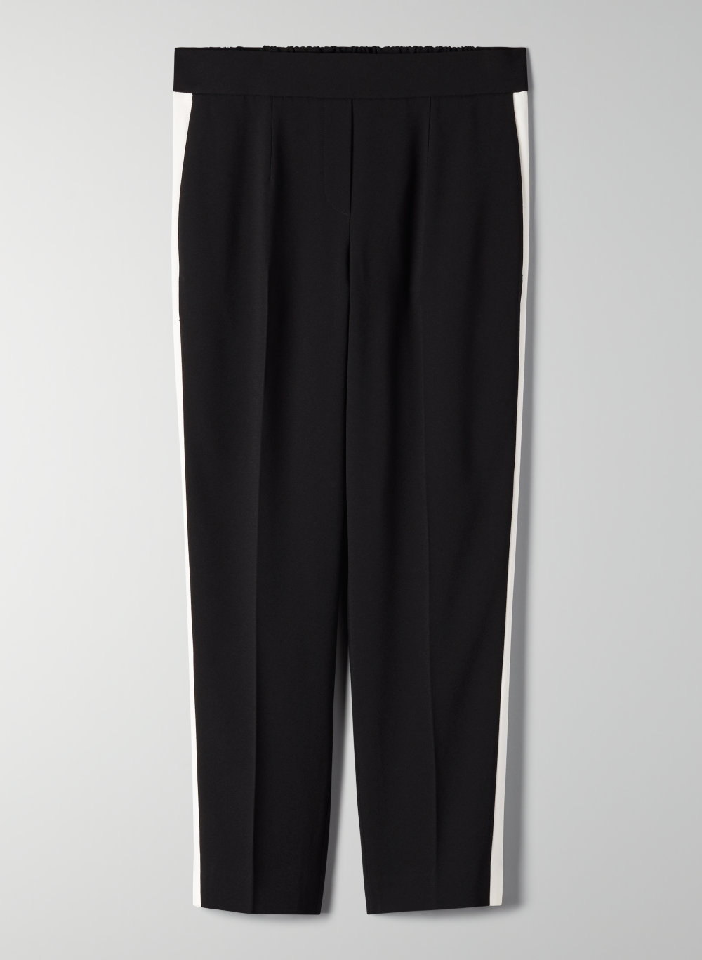 black dress pants with white stripe down side