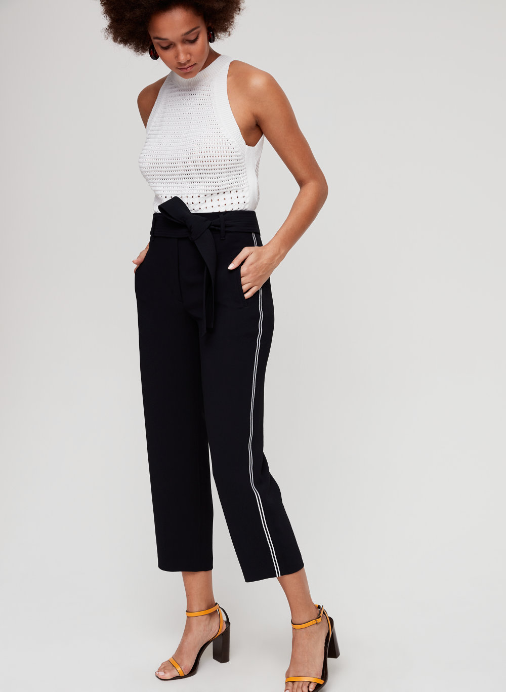 High waist trousers with side stripe and tie waist