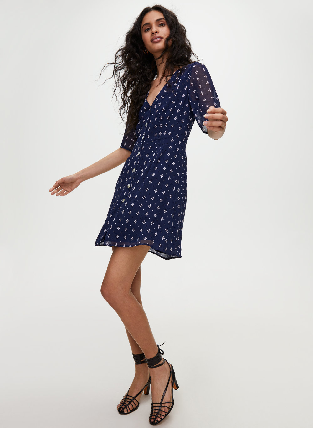 navy button front dress