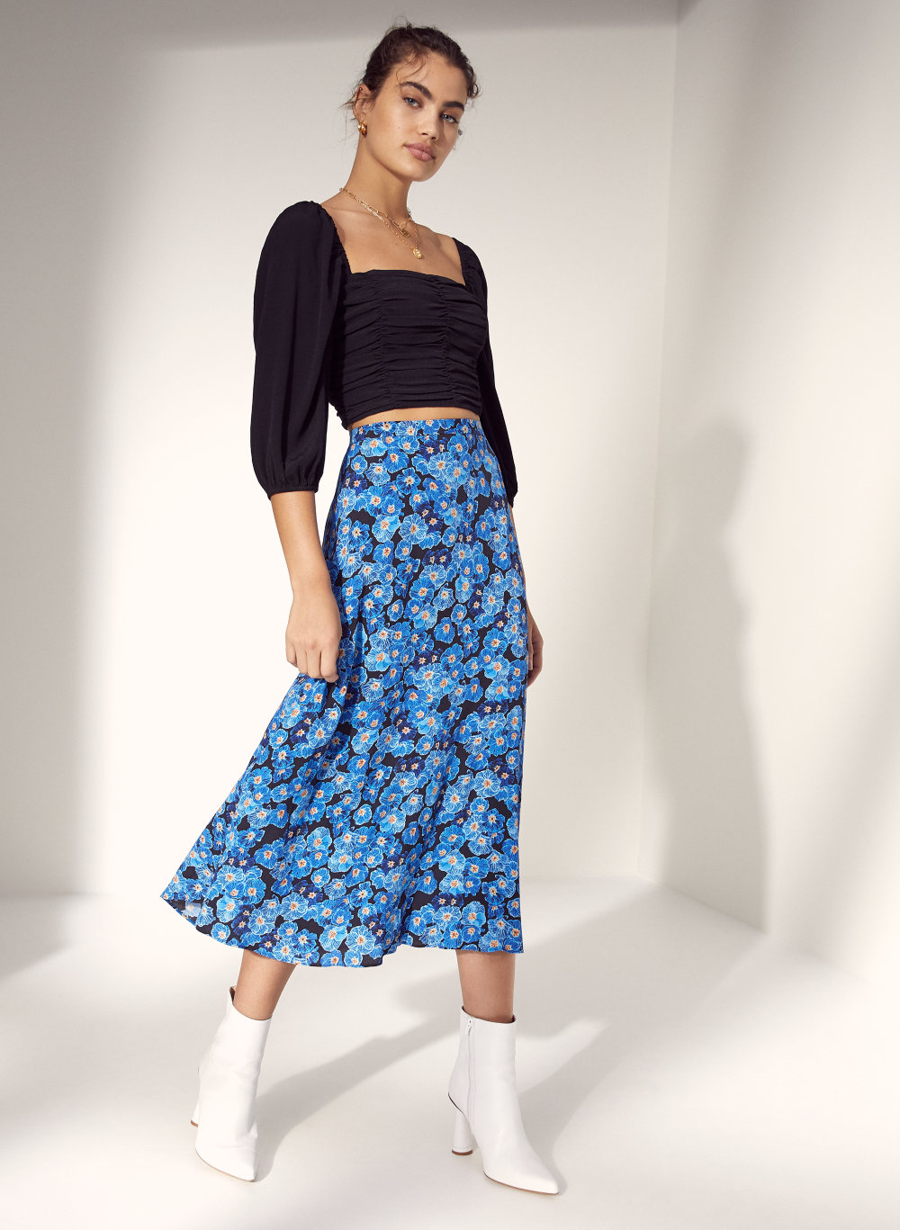 blue floral midi skirt