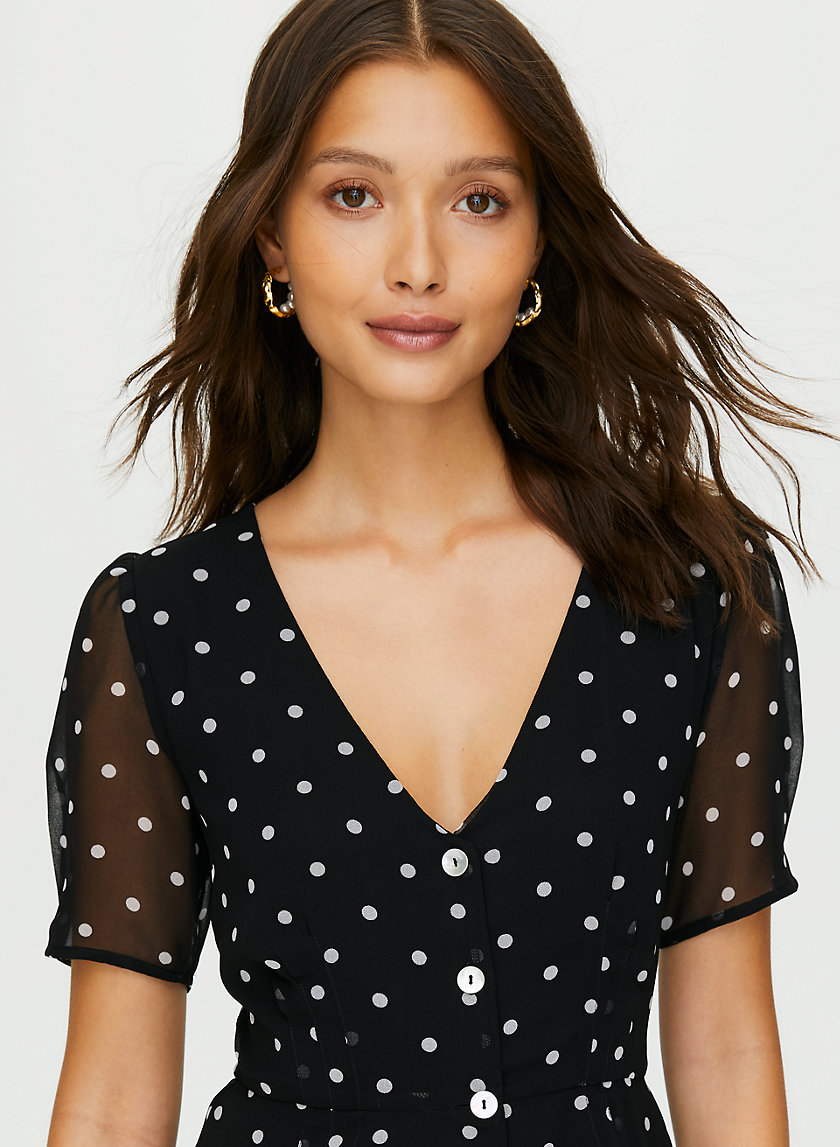 NEW BUTTON-FRONT BLOUSE - Polka-dot short-sleeve chiffon blouse NEW BUTTON-FRONT BLOUSE - Polka-dot short-sleeve chiffon blouse