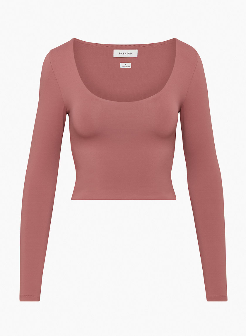 red scoop neck shirt