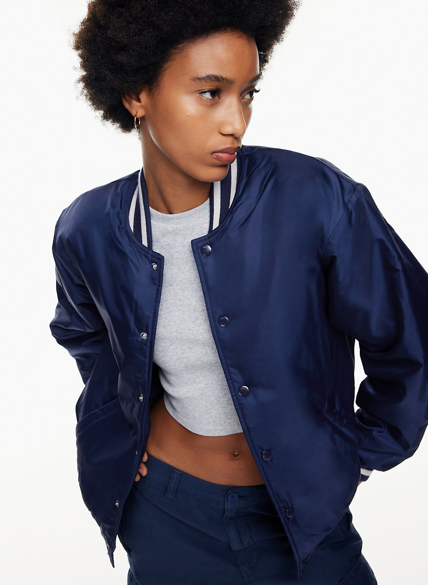 Blue Cropped Satin Bomber Varsity Jacket Medium