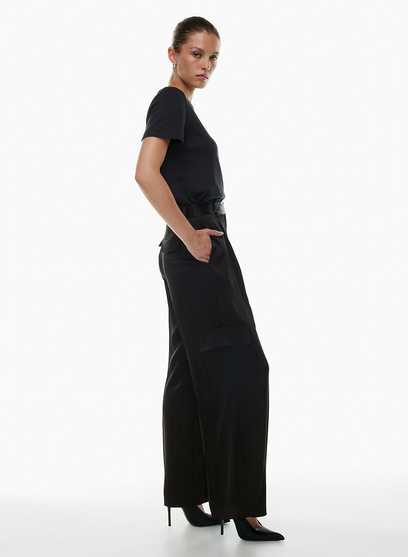 Daya Tall Satin Straight Leg Cargo Trousers in Black | Oh Polly