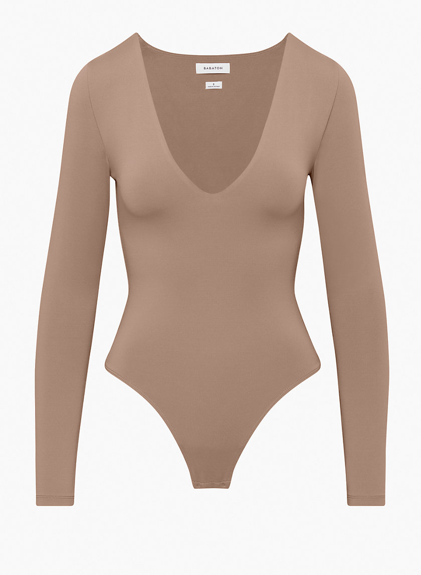Women's Long-Sleeve Cotton-Blend Seamless Fabric V-Neck Bodysuit