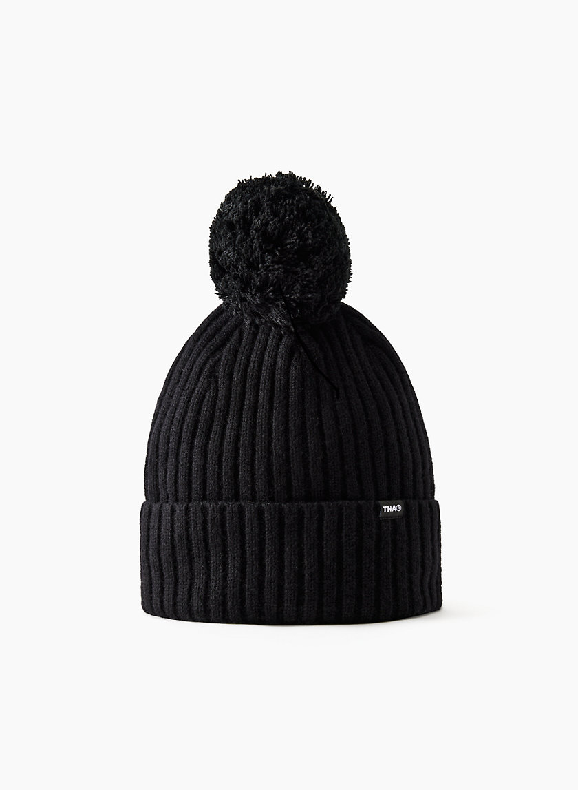 Echo Ribbed Faux Fur Pom Hat Black