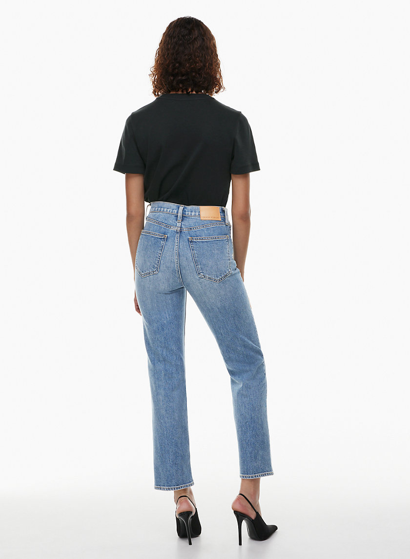 Calvin Klein Jeans high rise straight with rips in mid wash