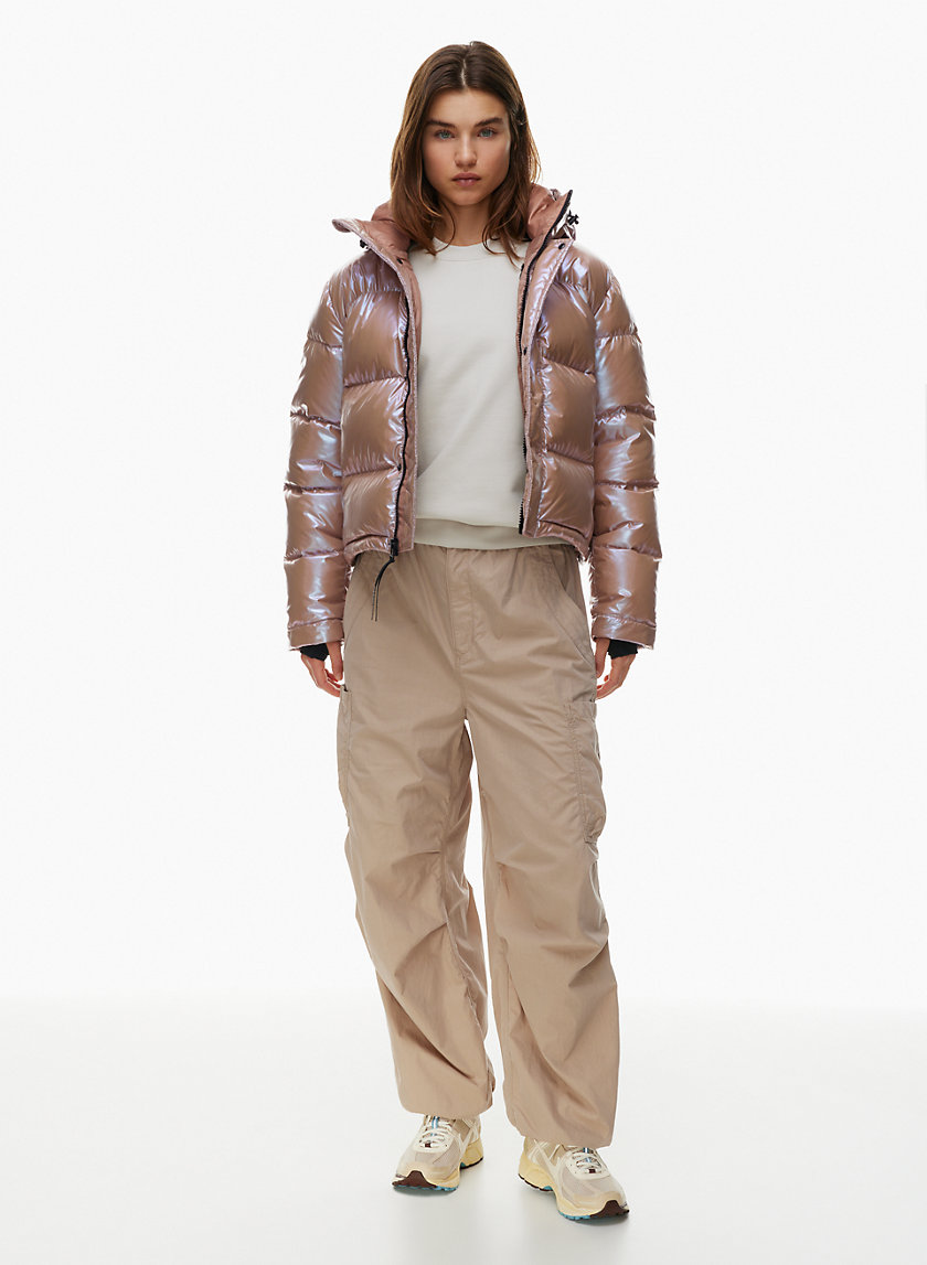 Iridescent down jacket with hood and maxi collar