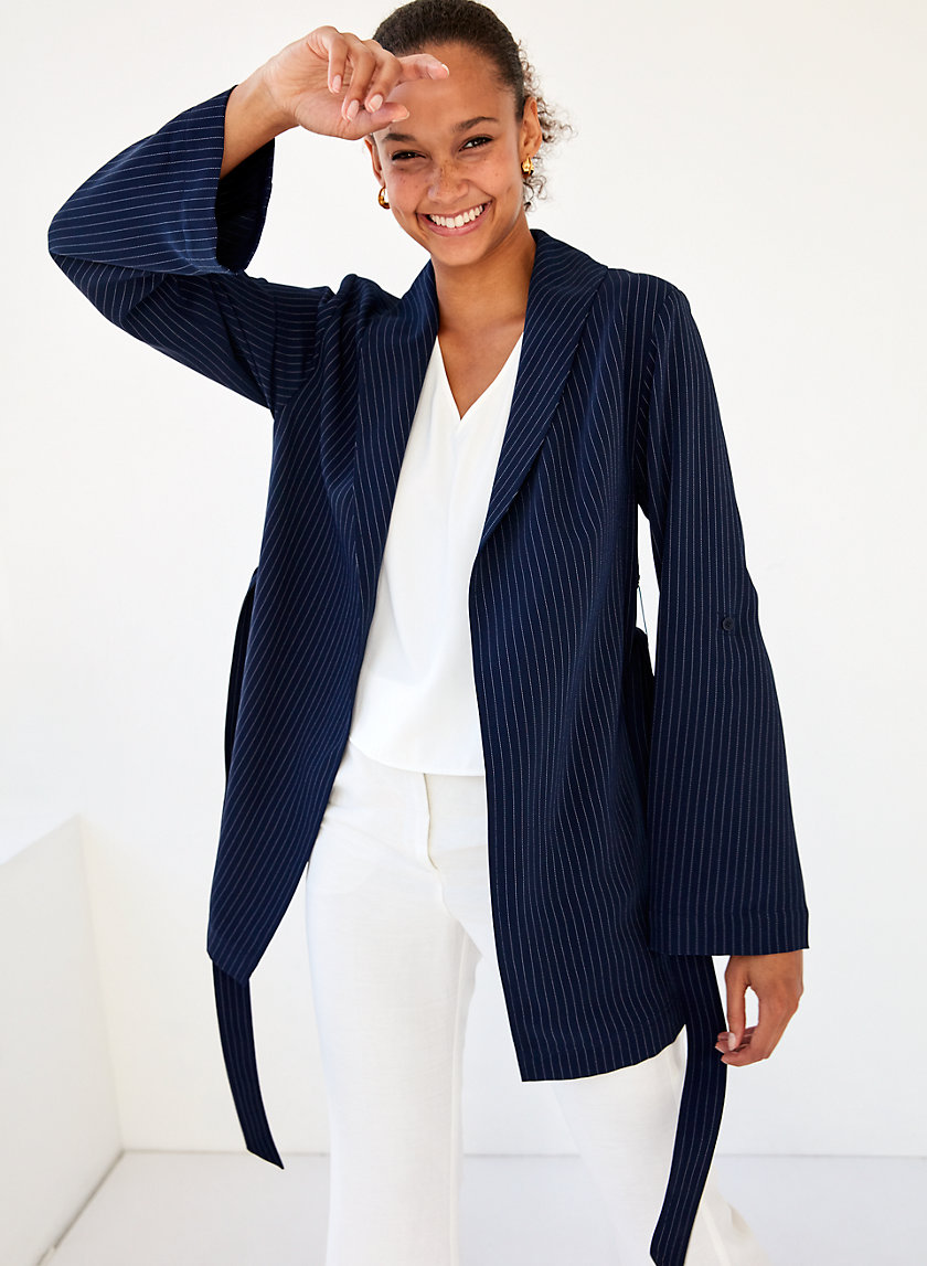 KAHLO ROBE MID - Pinstripe, belted robe jacket KAHLO ROBE MID - Pinstripe, belted robe jacket