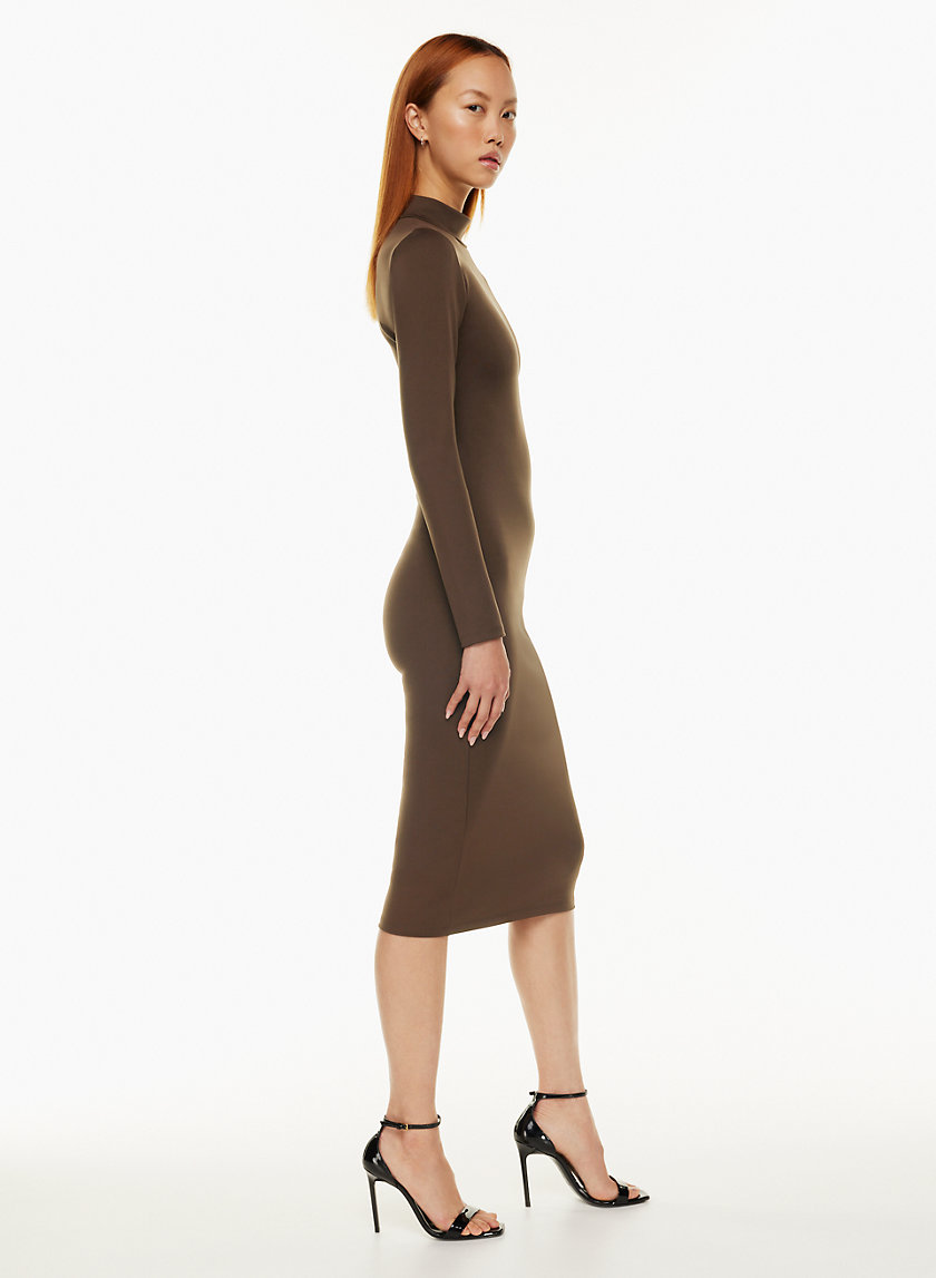 Women's Basic Premium Rib High Neck Long Sleeve Midi Dress