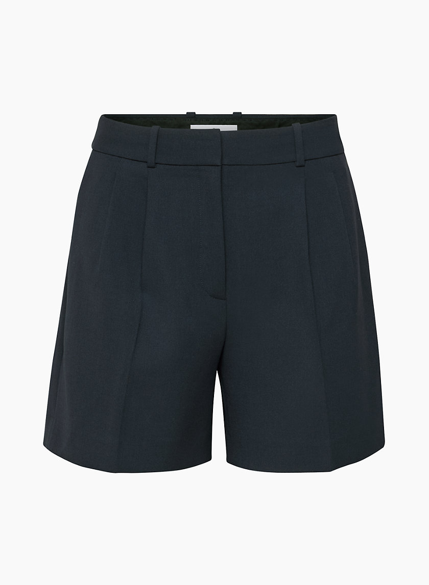 Shop Buckle tab stretch cotton twill pleated shorts