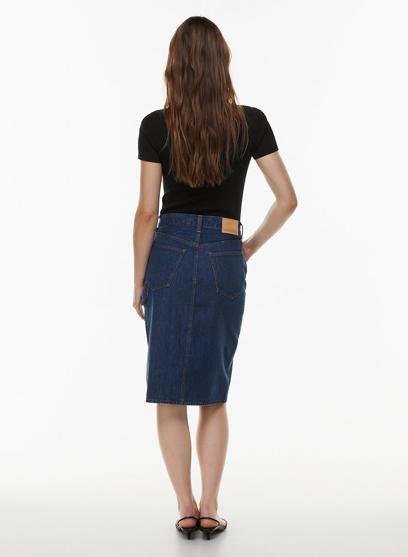 Deep Blue Frayed Hem Button-Down Midi Denim Skirt – Lookbook Store