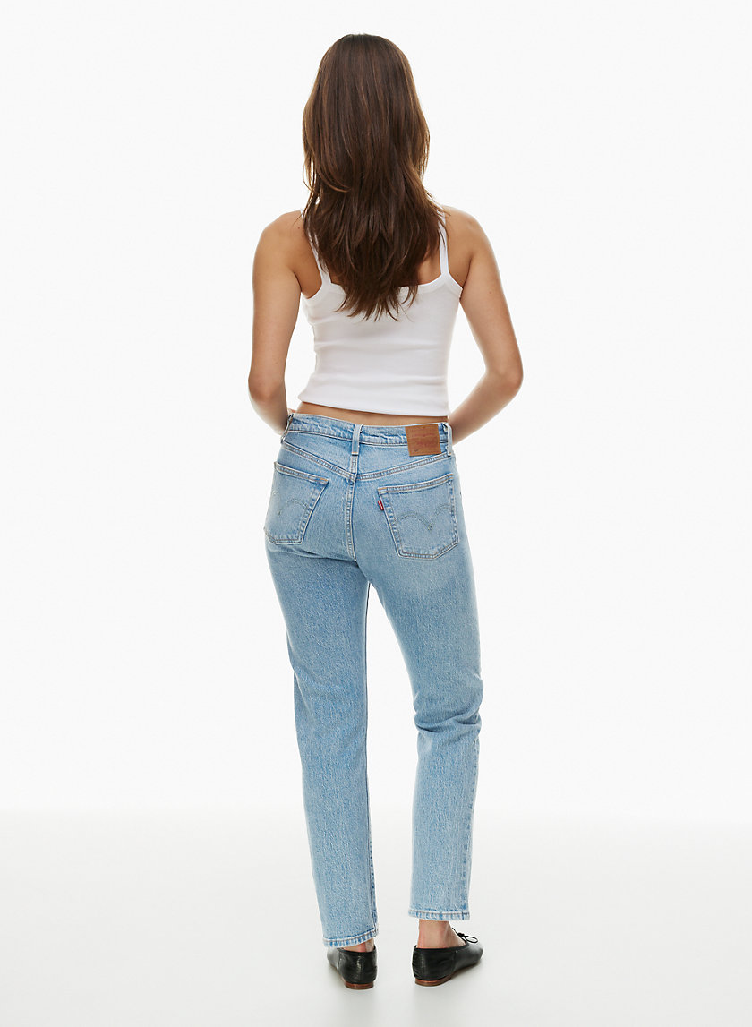 Womens's High Waisted Jeans With Gold Button Detail Mid Wash Denim